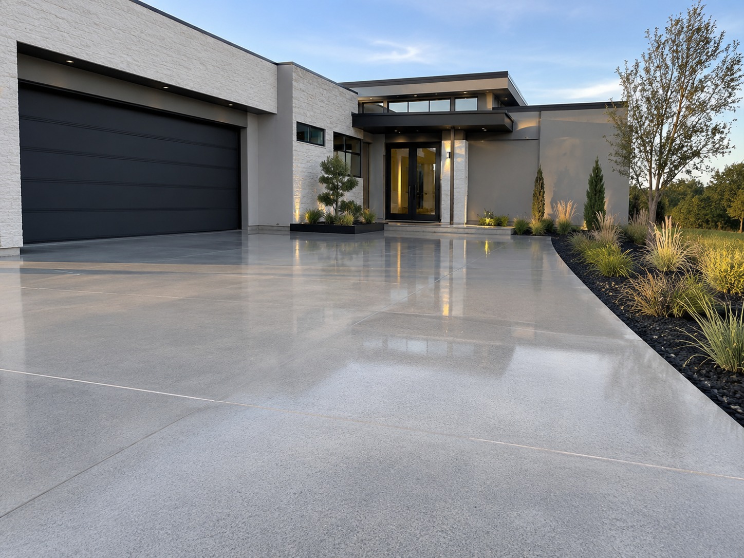 Polished concrete driveway with smooth reflective finish