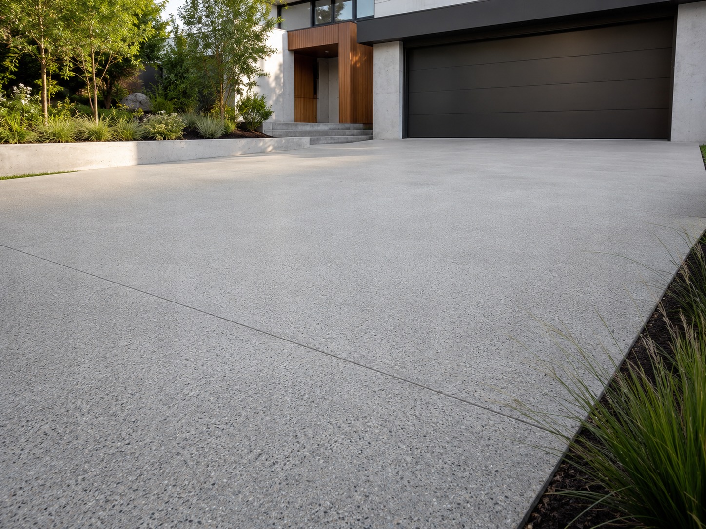 Honed concrete driveway with smooth matte finish