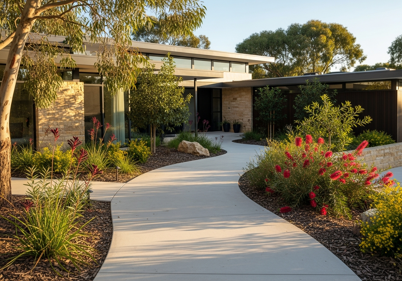 Concrete path Adelaide — smooth, durable concrete walkway through a residential garden