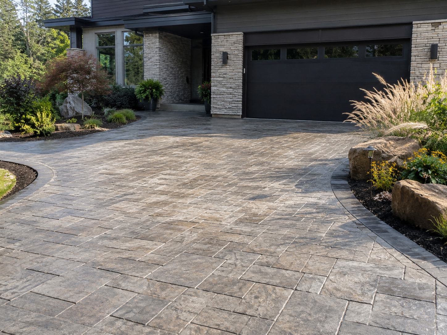 Stamped concrete driveway with decorative stone pattern